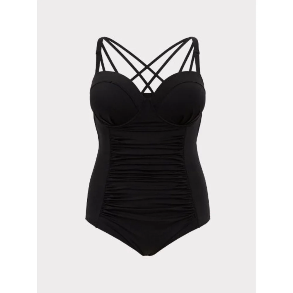 NWT Torrid 4X Black Slim Fix Underwire Strappy Back One Piece Swimsuit Slimming - Picture 2 of 12